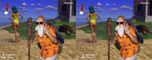 Master Roshi and Maron at Kame House as Goku arrives on Nimbus